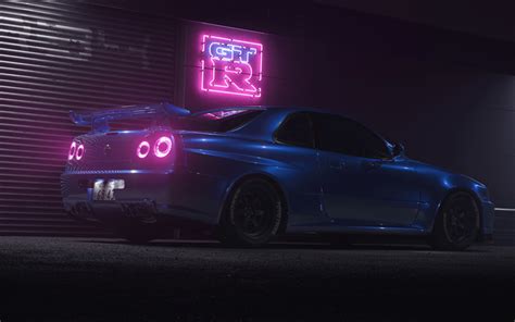 Download wallpapers 4k, Nissan GT-R, night, R34, supercars, Nissan Skyline, blue GT-R, tuning ...