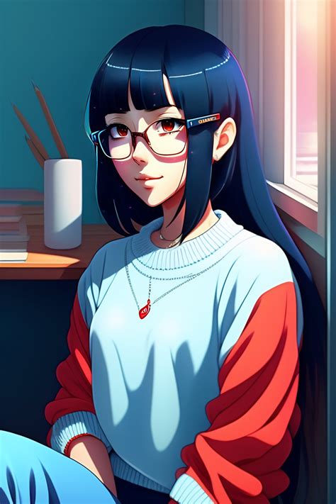 Lexica - Cute girl in blue sweater black hair ,semi rimless red glasses ...