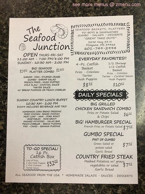 Menu at The Seafood Junction restaurant, Picayune