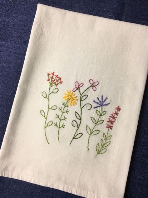 Wildflowers Tea Towel hand embroidered wildflowers flour sack towel kitchen Flowers dish towel ...