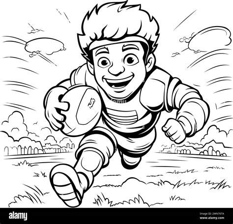Black and White Cartoon Illustration of Rugby Player Running with Ball for Coloring Book Stock ...