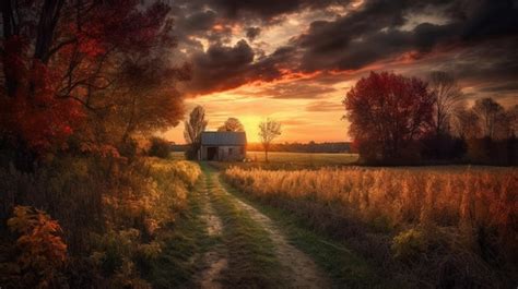 A farm in the fall with a sunset in the background | Premium AI ...