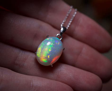 Large opal pendant, fire opal necklace, white opal, silver opal pendant, anniversary gift ...