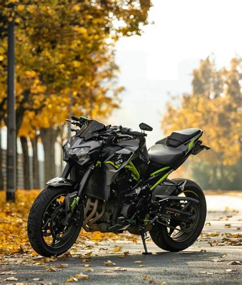 a motorcycle parked on the side of a road in front of trees with yellow ...