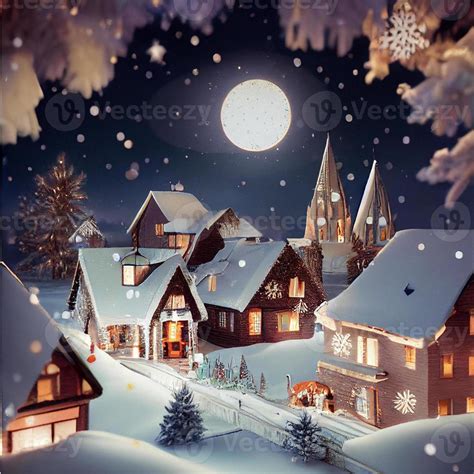 snowy village at night with a full moon in the sky 22889769 Stock Photo ...