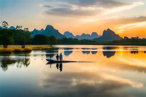 Premium Photo | A couple fishing on a lake at sunset