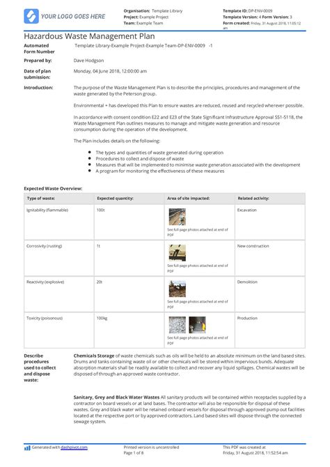 Hazardous Waste Management Plan Template and Sample