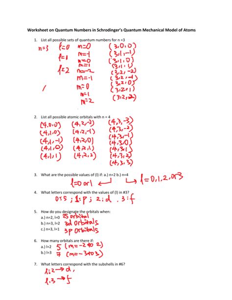 Quantum Numbers Worksheet I Answers