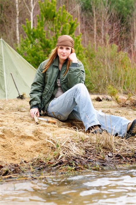 Camping woman tent nature sitting stream — Stock Photo © CandyBoxImages #5498900