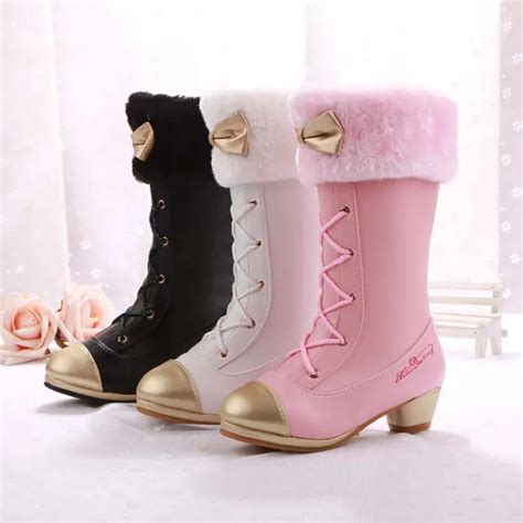 Girls snow boots with high heels butterfly knot princess boots platform children winter shoes 3 ...