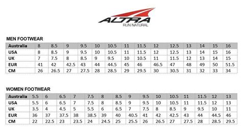 Altra Size Chart: A Visual Reference of Charts | Chart Master