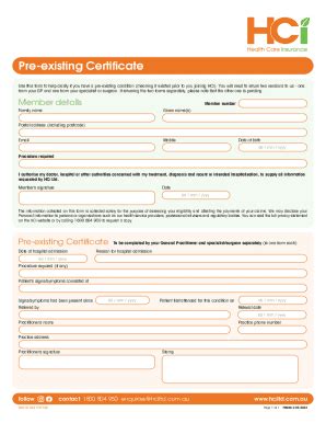 Fillable Online Pre-existing Certificate - HCi Fax Email Print - pdfFiller