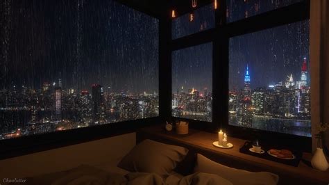 Cozy Bedroom With A Night View Of New York In Heavy Rain | Rain Sounds ...