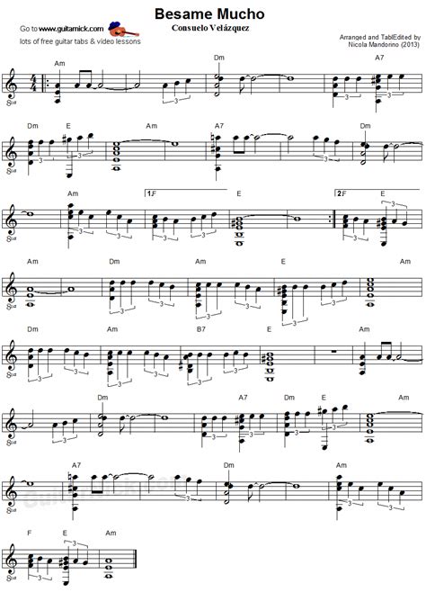 Besame Mucho - fingerstyle guitar sheet music #guitarlessons #guitartips | Fingerstyle guitar ...