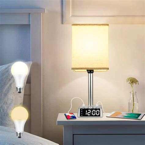 Table Lamp - Bedside Table Lamps with 4 USB Ports and AC Power Outlets, Alarm Clock Base w/ 6Ft ...