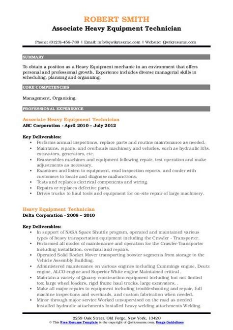 Heavy Equipment Technician Resume Samples | QwikResume