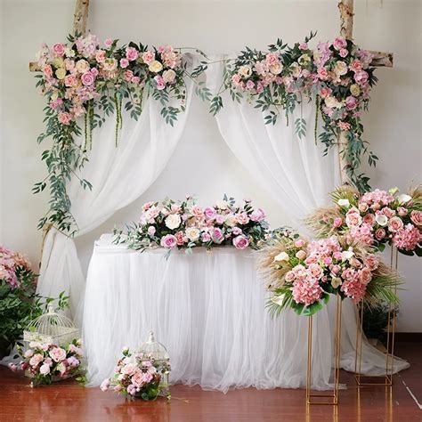 Flone Wedding pink floral arch window flowers row flower wall hotel ...