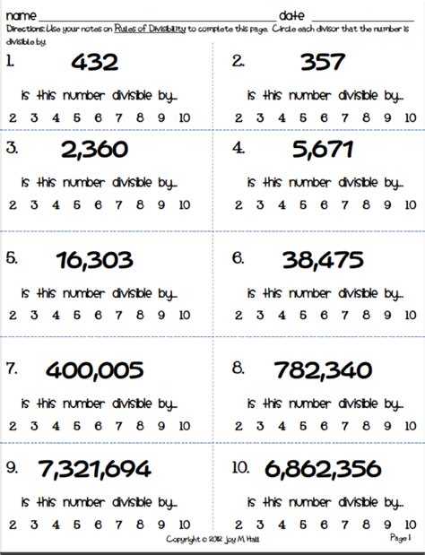 Divisibility Rule Worksheets