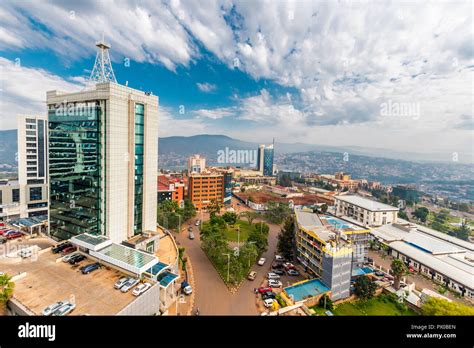 Kigali, Rwanda - September 21, 2018: a wide view looking down on the ...