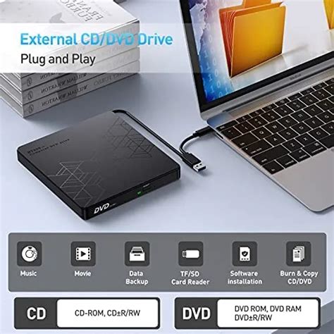 External CD DVD Drive, Ultra Slim CD Burner USB 3 With 4 USB Ports And 2 TF SD Card Slots ...