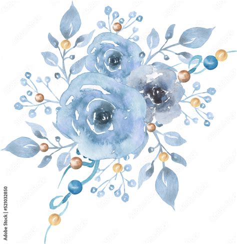 Watercolor floral bouquet illustration with blue flowers and leaves ...