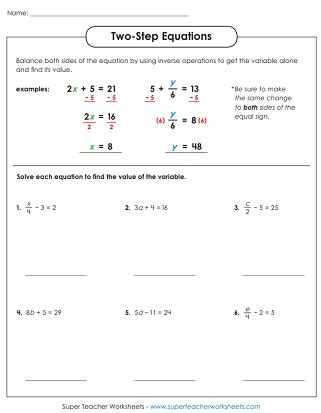 Algebraic Equations (Two-Step) - Worksheets