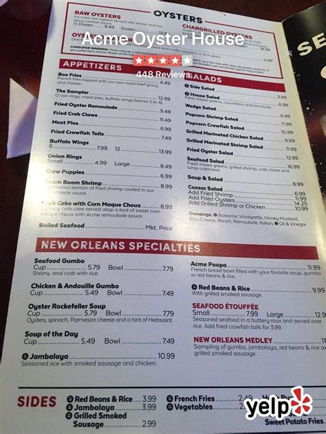 Menu at Acme Oyster House restaurant, Metairie, Veterans Blvd