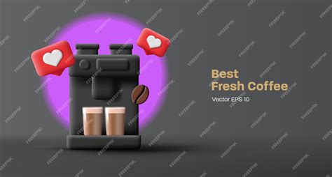 Premium Vector | 3d coffee machine with glass coffee cups and heart likes and coffee beans black ...