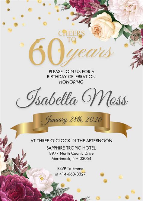 Floral 60th Birthday Invitation Templates – Editable With MS Word ...