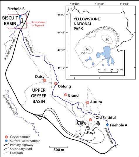 Sketch map of the Upper Geyser Basin showing locations of geysers... | Download Scientific Diagram