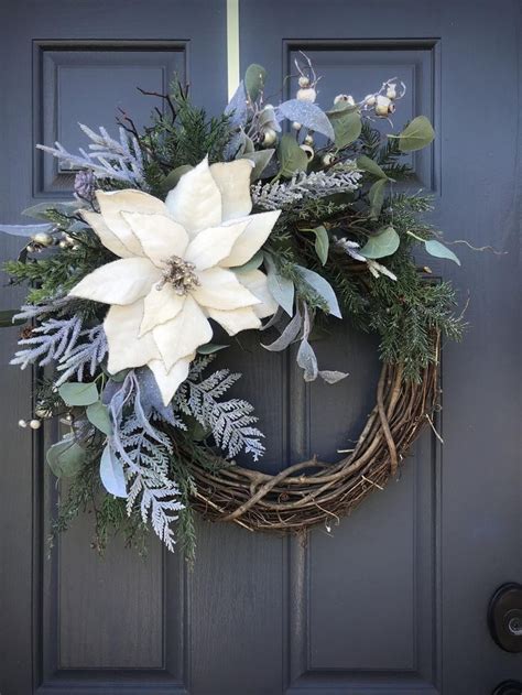 Winter Christmas Wreath White Poinsettia Wreath Evergreen - Etsy | Christmas wreaths diy ...