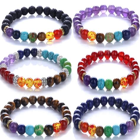 BASEHOME Natural Stone Black Lava Bracelets 7 Chakra Healing Balance Beads Energy Yoga Mala ...