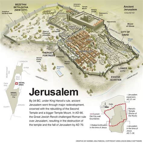 an illustrated map of the city of jerusalem, with its surrounding walls and streets labeled in red