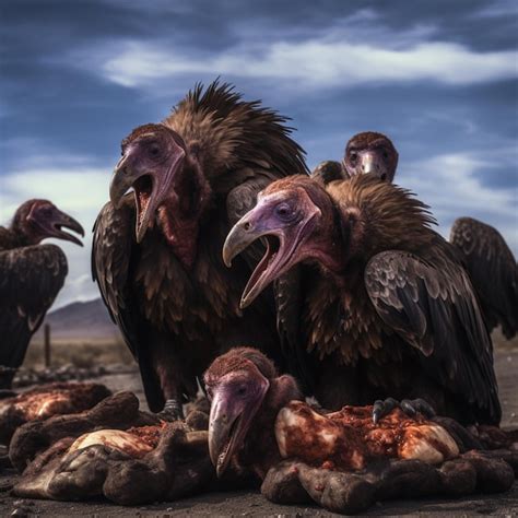 Premium AI Image | A group of vultures eating a carcass of meat.