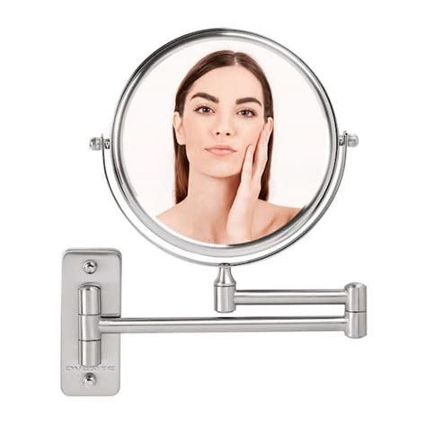 OVENTE Small Round Wall Mounted Nickel Brushed Makeup Mirror (11 in. H x 1.4 in. W), 1x-7x ...