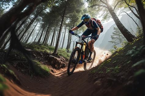 Premium AI Image | A mountain biker rides through a forest with trees ...