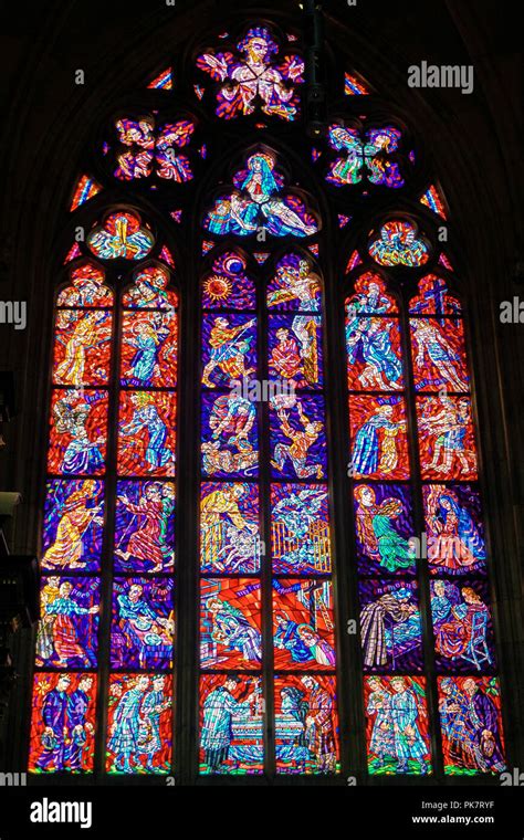 Stained glass window in st. Vitus Cathedral in Prague, Czech Republic Stock Photo - Alamy