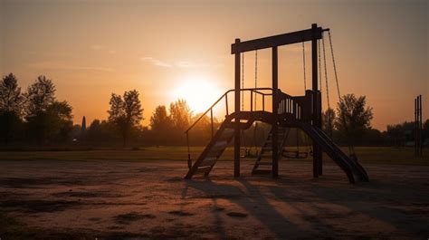 Premium AI Image | A swing set at sunset with the sun setting behind it.