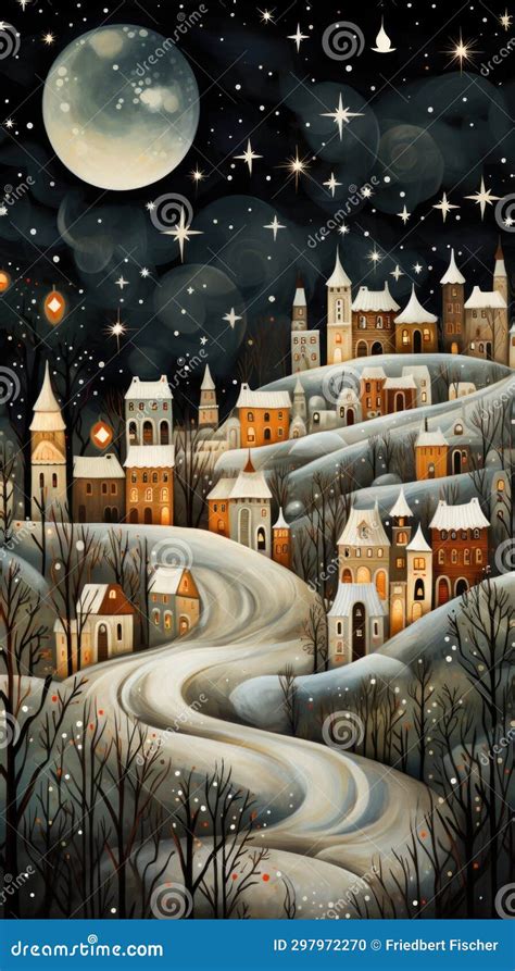 A Painting of a Snowy Town at Night Stock Photo - Image of winter ...