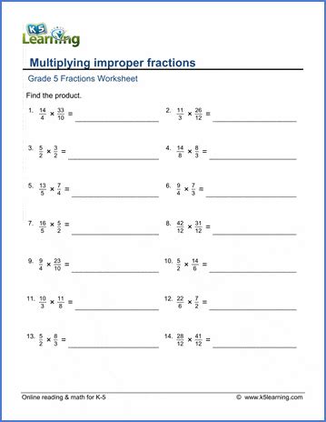 Multiplying improper fractions worksheets | K5 Learning