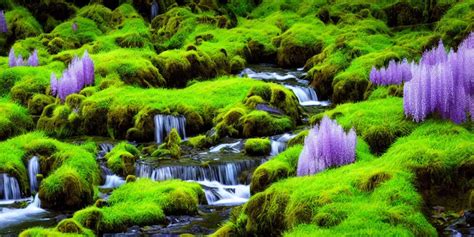 photo of a landscape with lush forest nad flowers, | Stable Diffusion