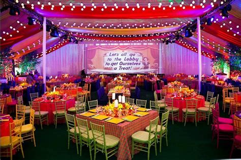 a banquet hall set up with tables and chairs