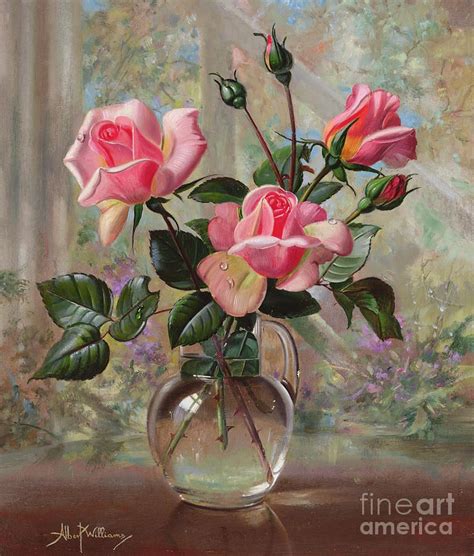 Pink Painting - Madame Butterfly Roses In A Glass Vase by Albert Williams | Flower painting, Oil ...