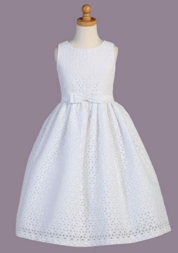 Eyelet Cotton Overlay Girls Communion Dress w. Embroidered Flowers