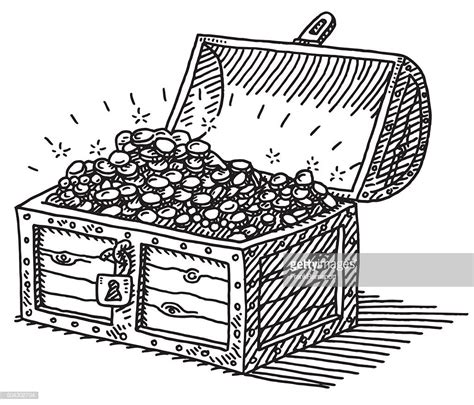 Hand-drawn vector drawing of a Treasure Chest with many Gold Coins ...