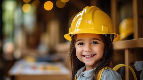 Premium AI Image | Cute girl kindergarten wearing yellow construction ...