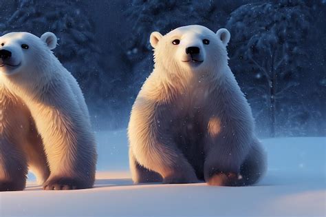 Premium Photo | Two polar bears sit on the snow against the backdrop of ...