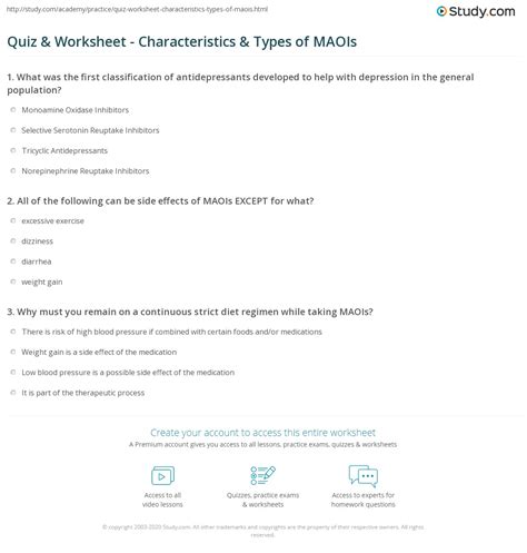 Quiz & Worksheet - Characteristics & Types of MAOIs | Study.com