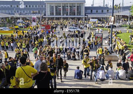 Fans of the football club BVB Borussia Dortmund on the south stand with ...