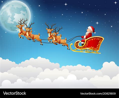 Santa claus rides reindeer sleigh flying in sky Vector Image